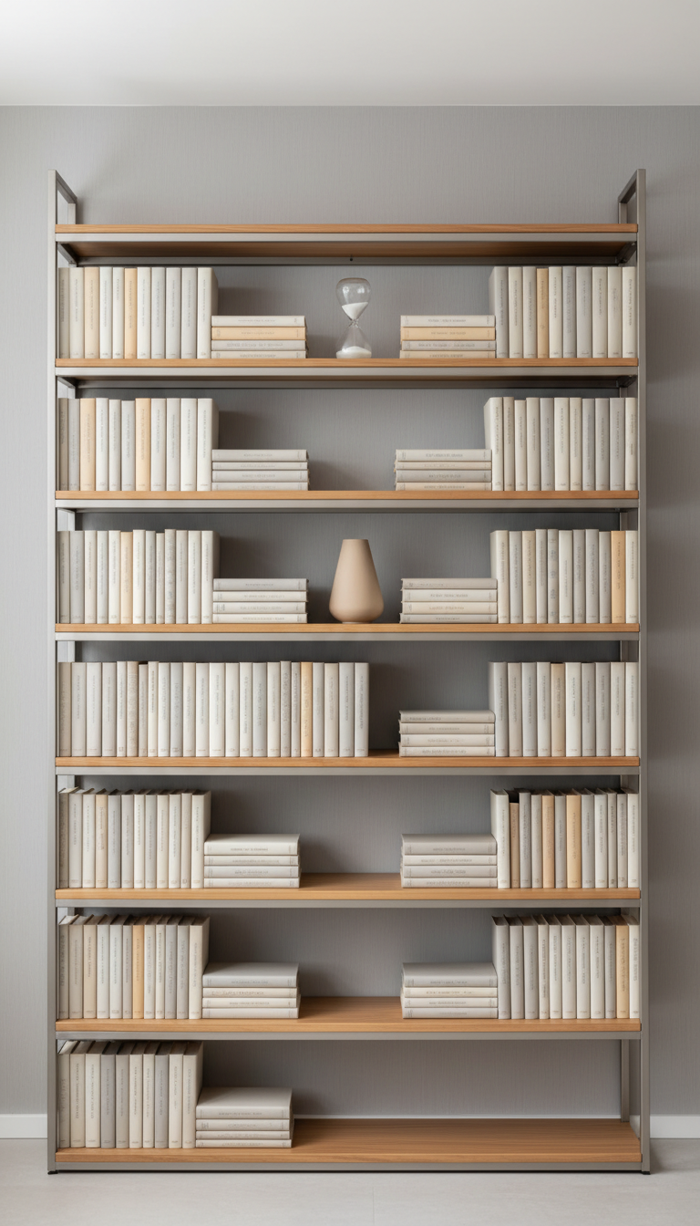 A sleek, modern bookshelf with evenly spaced shelves displaying neatly stacked books with cream, grey, and taupe covers, alongside minimalist decor objects such as a sand-colored ceramic vase and a clear hourglass. The background reveals a muted, light-grey wall with subtle texture, enhancing the setting’s tranquility. Soft ambient daylight gently illuminates the shelves from above, creating delicate highlights and low, even shadows. The composition is arranged by the rule of thirds, with an emphasis on symmetry and structure. The overall atmosphere is calm, orderly, and sophisticated, rendered in a photographic, clean-lined aesthetic that reflects a welcoming and aspirational psychology practice.