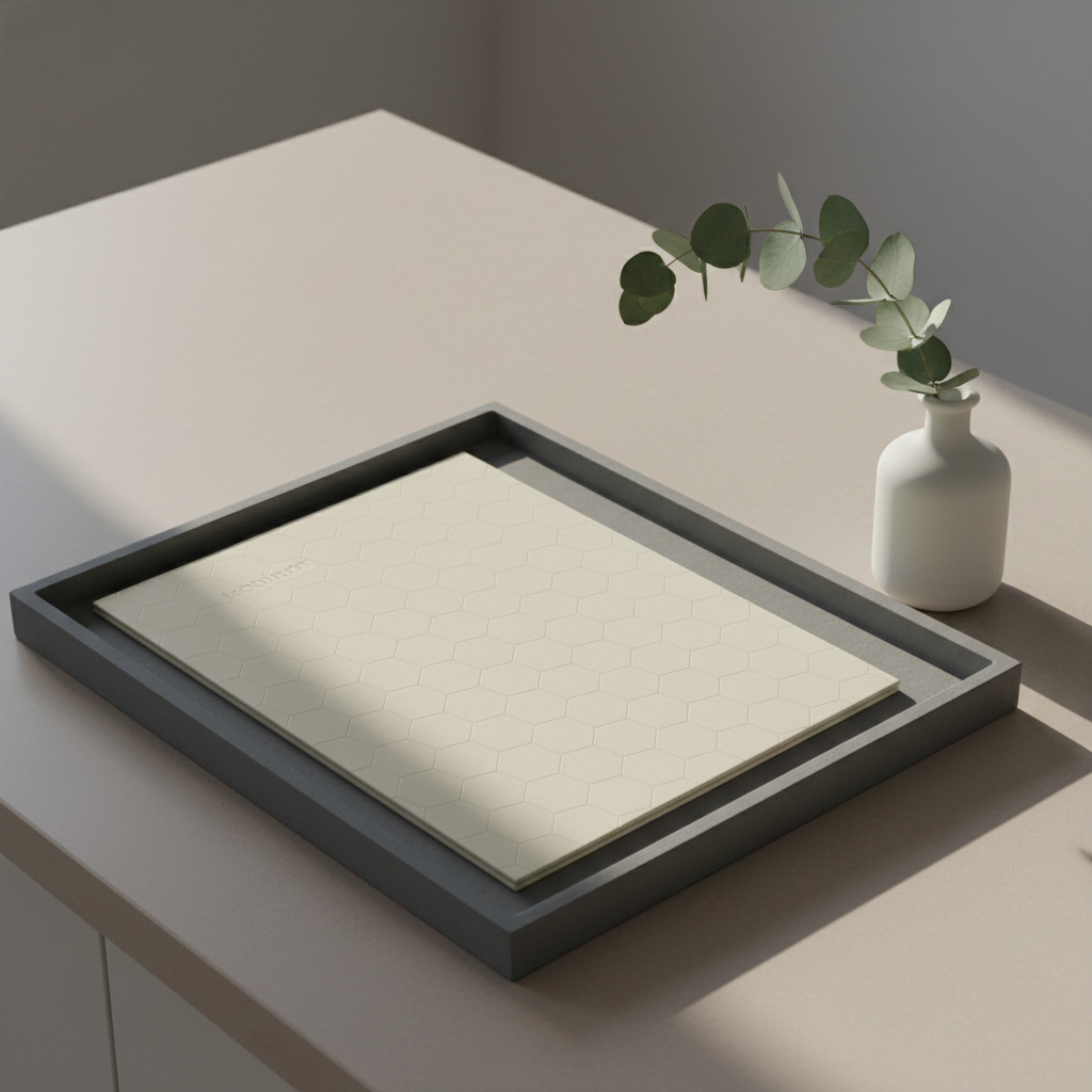 A close-up of a high-quality, matte ivory file folder with an embossed subtle geometric pattern, resting on a structured slate-grey tray atop a smooth, neutral-toned countertop. Beside the folder is a single eucalyptus stem in a small frosted glass vase, adding a touch of organic softness without overpowering the scene. Soft, indirect afternoon light streams in from the side, creating muted highlights and faint, elongated shadows, while maintaining a sense of depth and clarity. Captured with a slightly elevated angle, the scene feels professional, organized, and gently soothing, in line with a business psychologist’s workspace and a photographic minimalist aesthetic.