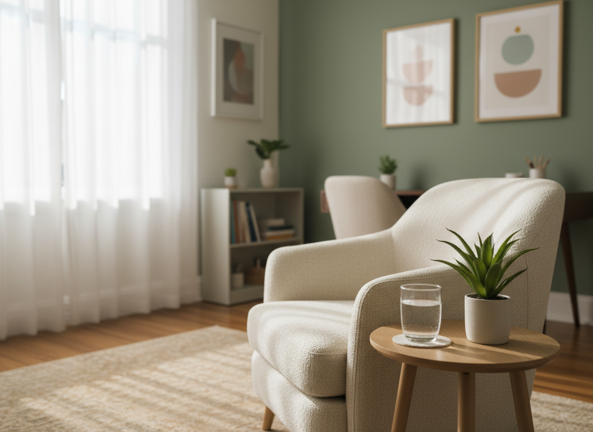 Ambiente acolhedor de consultório de psicologia com luz natural suave e tons de verde e bege