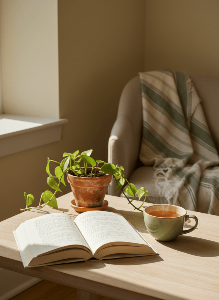 Canto acolhedor com livro aberto, xícara de chá e planta, em tons de sálvia e creme.